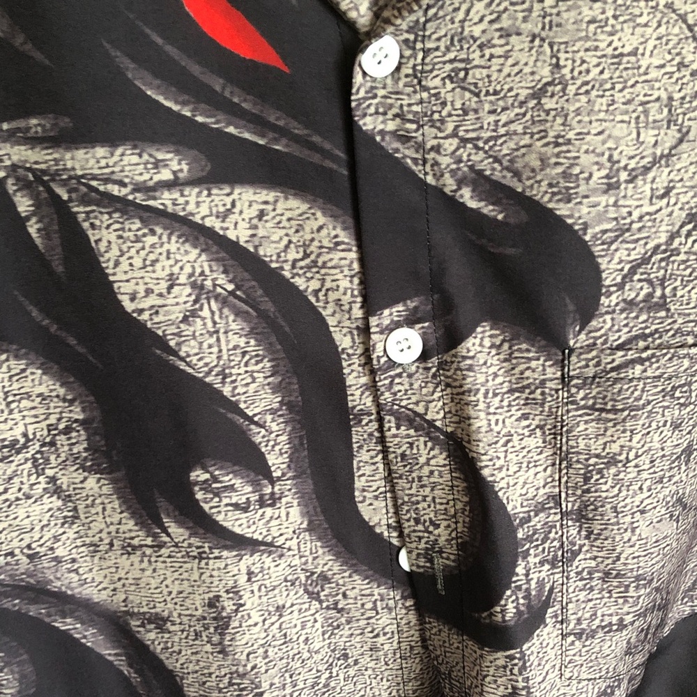 Black & Gray Abstract Button-Up Shirt with Red Accent